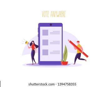 Concept of online voting, elections, voting box with tiny people with decision. Political competition with modern system. White list newsletter on phone screen. Vector illustration with flat design