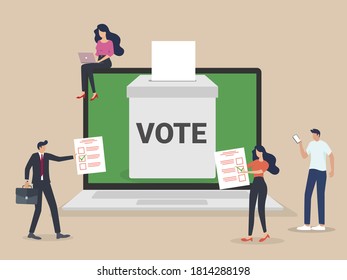 Concepto de votación en línea, elecciones, urna electoral con gente pequeña con decisión. Competencia política con el sistema moderno. Ilustración vectorial con diseño plano