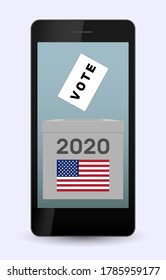 Concept of online voting, elections, survey on the Smartphone. 2020 United States of Presidential Election banner. Voting box with American flag. Ballot paper