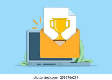 Concept of online web digital prize received via computer icon, electronic email winner, internet prize achievement, victory gold cup trophy, championship competition. flat illustration.