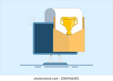 Concept of online web digital prize received via computer icon, electronic email winner, internet prize achievement, victory gold cup trophy, championship competition. flat illustration.