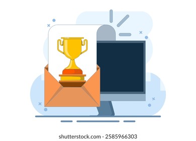 Concept of online web digital prize received via computer icon, electronic email winner, internet prize achievement, victory gold cup trophy, championship competition. flat illustration.