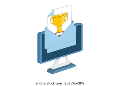 Concept of online web digital prize received via computer icon, electronic email winner, internet prize achievement, victory gold cup trophy, championship competition. flat illustration.