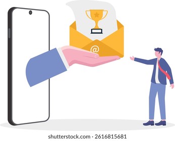 Concept of online web digital prize received via computer icon, electronic email winner, internet prize achievement, victory gold cup trophy, championship competition. flat illustration.


