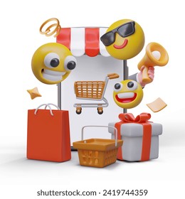 Concept of online web shopping. Composition with emoticons with smile and black sunglasses