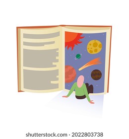 The concept of an open book and a seated girl who looks and reads into a book and sees space, planets, camets and stars. Vector illustration - Powered by Shutterstock - Get 15% off with code: PIKWIZARD15