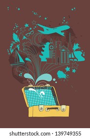 Concept with open case and travel symbols