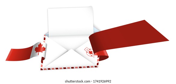 Concept, an open envelope with a blank sheet of paper wrapped in a shiny festive ribbon with elements of Canadian flag. Congratulatory template, information layout