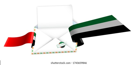 Concept, open envelope with blank sheet of paper wrapped in shiny festive ribbon with elements of UAE flag. Inscription APPROVED on stamp. Congratulatory template, information layout