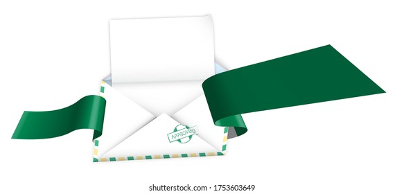 Concept, open envelope with blank sheet of paper wrapped in shiny festive ribbon with elements of Nigeria flag. Congratulatory template, information layout