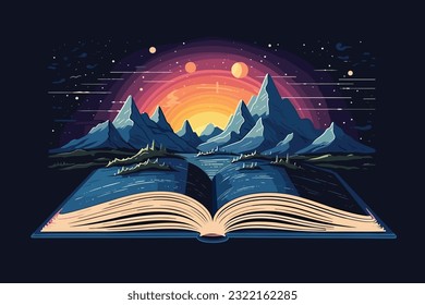 Concept of an open magic book with christmas tree open pages space milky vector art illustartion.