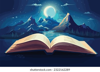 Concept of an open magic book with christmas tree open pages space milky vector art illustartion.