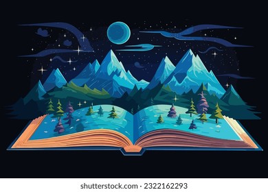 Concept of an open magic book with christmas tree open pages space milky vector art illustartion.