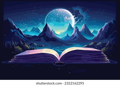 Concept of an open magic book with christmas tree open pages space milky vector art illustartion.