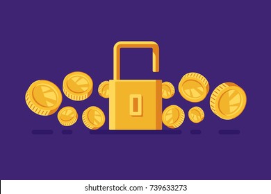 Concept of open secret of financial success, open lock and gold coin vector illustration