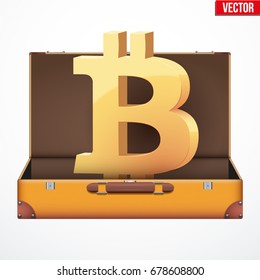 Concept of open suitcase with gold bitcoin icon inside. Concept of ICO Blockchain and cryptocurrency. Vector Illustration isolated on white background.