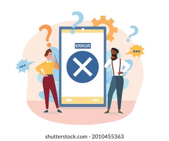 Concept operating system error warning. Error info message on smartphone. Man and a woman can not understand the cause of the problem. Smartphone is frozen. Cartoon modern flat vector illustration