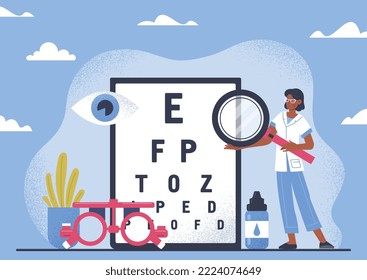 Concept of ophthalmology. Woman with magnifying glass stands near letters of different sizes for assessing vision. Medical poster or banner. Diagnosis and health care. Cartoon flat vector illustration