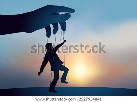 Concept of opinion manipulation, with the symbol of a man transformed into a puppet who obeys authority.