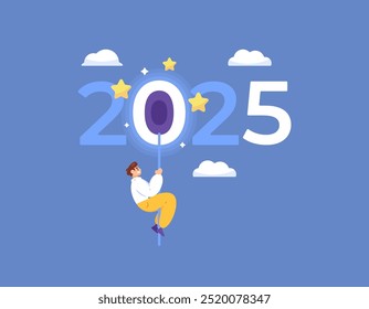 Concept of opportunities and resolutions. Towards the new year 2025. Efforts to achieve dreams and success in 2025. Illustration of a man climbing a rope to succeed. Flat style design. Elements