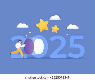 Concept of opportunities and resolutions. Towards the new year 2025. Achieving dreams and success in 2025. Illustration of a man running towards a door in the number 2025. Flat style design. Elements