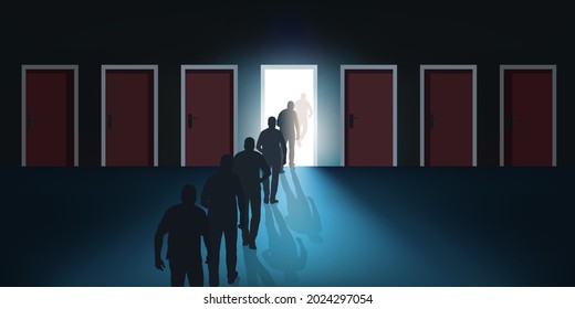 Concept of the opportunity to be seized with men, facing seven doors lined up, choosing to exit through the open door.