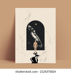 Concept of opportunity poster or card design template with human silhouette face the universe through the arch doorway. Vintage styled vector illustration