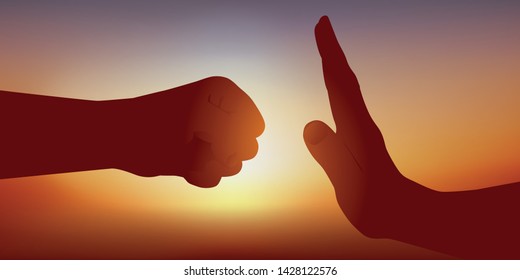 Concept of opposition between attack and defense symbolized by two hands. On one side a fist ready to strike, on the other a hand in position to ward off the blow.