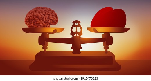 Concept of the opposition between love and reason, with as a symbol, a brain and a heart balanced on a scale.