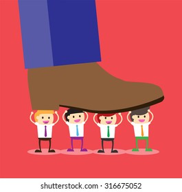 Concept of oppressed by the boss with businessman under a big shoe, Flat design. vector. business concept. giant foot. job. little man. team teamwork powerful harmonious