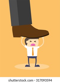 Concept of oppressed by the boss with businessman under a big shoe. Exploitation, oppression, selfishness, cruelty.
