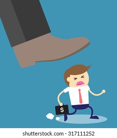 Concept of oppressed by the boss with businessman under a big shoe. Exploitation, oppression, selfishness, cruelty. run