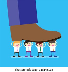 Concept of oppressed by the boss with businessman under a big shoe, Flat design. vector. business concept. giant foot. job. little man. team teamwork powerful harmonious