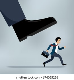 Concept of oppressed by the boss with businessman under a big shoe.