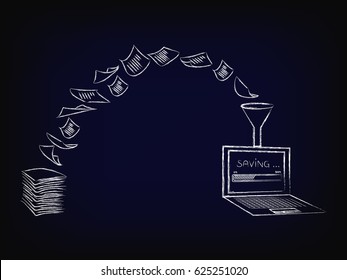 Concept Of Optical Character Recognition Software, Pile Of Paper Documents Being Turned Into Digital Data (laptop With Progress Bar) Vector Illustration On Mesh Background