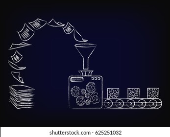 concept of optical character recognition software, pile of paper documents being turned into data blocks through funny factory machine, vector illustration on mesh background