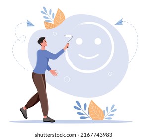 Concept of optimism. Guy draws smiley face with roller and white paint. Good mood and positive. Happy character, emotions and feelings. Psychology and mental health. Cartoon flat vector illustration