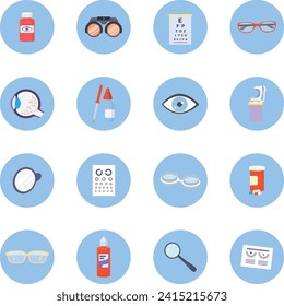 Conjunto de iconos de optometría conceptual, ilustración vectorial plana de atención médica, aislada en azul, concepto de tratamiento de problemas oculares. Medicina oftalmológica terapéutica, monitorización de la salud.