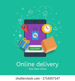 Concept of order delivery by mobile application. Online service for fast delivery of food, parcels, gifts. White contour icons. Green background. Vector stock illustration.