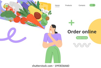 Concept of order food online. Flat vector illustration with dietetic or organic products or balanced nutrition. A young woman uses a mobile app or website to order or delivery.