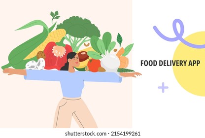 Concept of order food online. Flat vector illustration with dietetic or organic products or balanced nutrition. A young woman uses a mobile app or website to order or delivery.