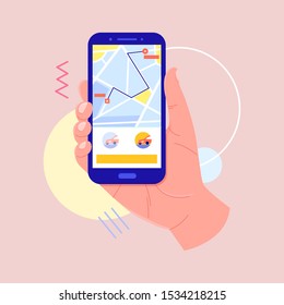 Concept of order a taxi in a mobile application online, icon design. Book a ride, hand holds the phone, calls a taxi. Online car service vector concept. Mobile Taxi booking service, car tracking. 