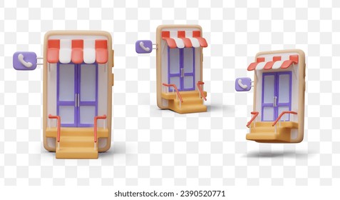 Konzept der telefonischen Bestellung. Türen mit Treppen, Geländer, gestreifter Dachboden, Telefonzeichen. Orderausgabe. Set detaillierter Illustrationen im Cartoon-Stil