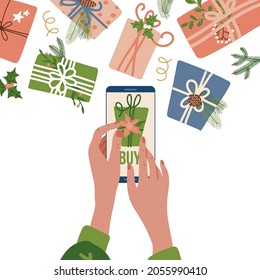 Concept of Ordering christmas gifts online - female hands holding mobile phone device with add to cart button and many flying wrapped present boxes. Online shopping. Flat vector illustration.