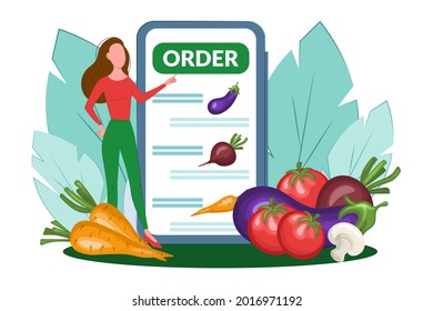 concept of ordering food by phone. Can be used for advertisements, infographics or mobile apps. online vegetarian food store. woman buys vegetables