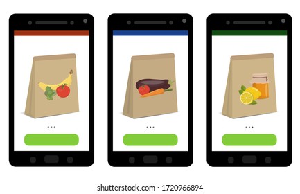 Das Konzept der Bestellung von Lebensmitteln zu Hause durch eine mobile Anwendung. Verpflegungsdienst. Set von Smartphones