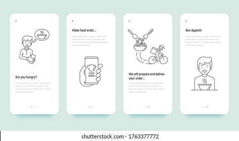 Konzept der Bestellung von Lebensmitteln. Der Mensch bestellt über Smartphone eine App, nachdem Kurier auf dem Fahrrad die Zubereitung von Essen, der Mensch isst. Sicherheitslieferung. Vektorgrafik mit Symbolen in dünnen Linien.