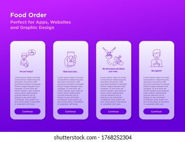 Concept of ordering food. Man makes an order via app on smartphone, after courier on bicycle is delivering prepared food, man is eating. Safety delivery. Vector illustration with thin line icons.