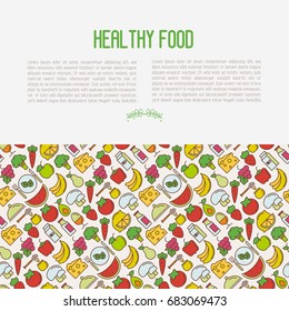 Concept of organic food with thin line icons of fresh natural products, vegetarian groceries. Vector illustration for web site about healthy nutrition.