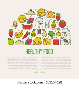 Concept of organic food with thin line icons of fresh natural products, vegetarian groceries. Vector illustration for web site about healthy nutrition.